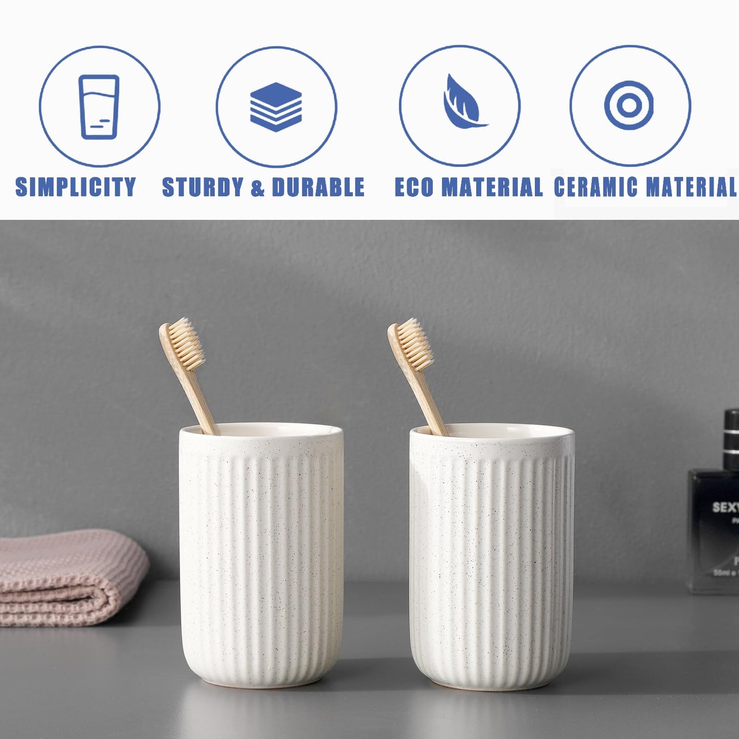 BSDISP Toothbrush Holders - 2 Cup Ceramic Toothbrush Toothpaste Holders Set, Beige Bathroom Tumbler Cups Reusable Toothbrush Mouthwash Cup, Bathroom Counter Organizer
