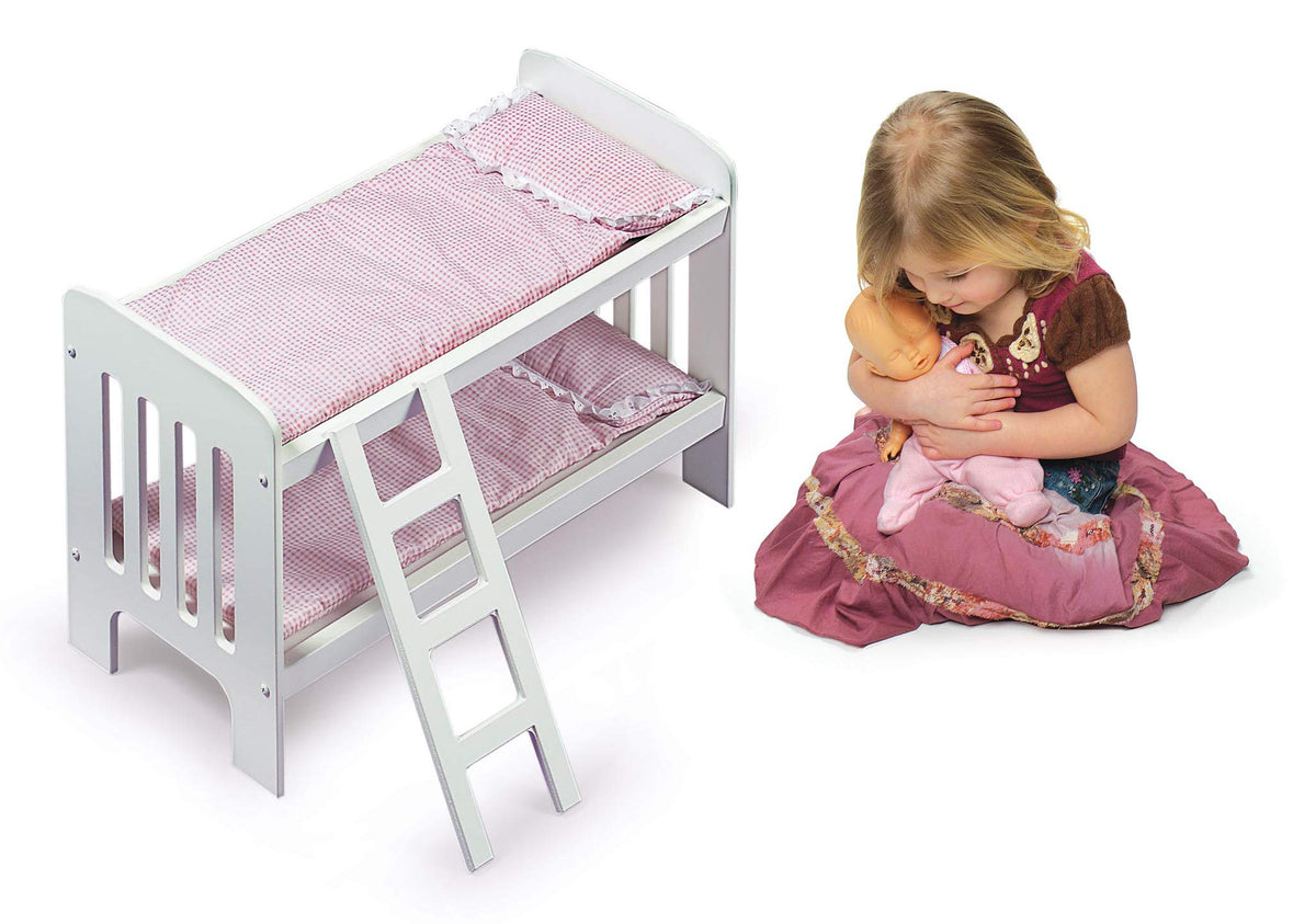Badger Basket Doll Bunk Bed with Bedding & Ladder - Two Level Wooden Bed for Dolls, Includes Bedding & Accessories- White/Pink Gingham