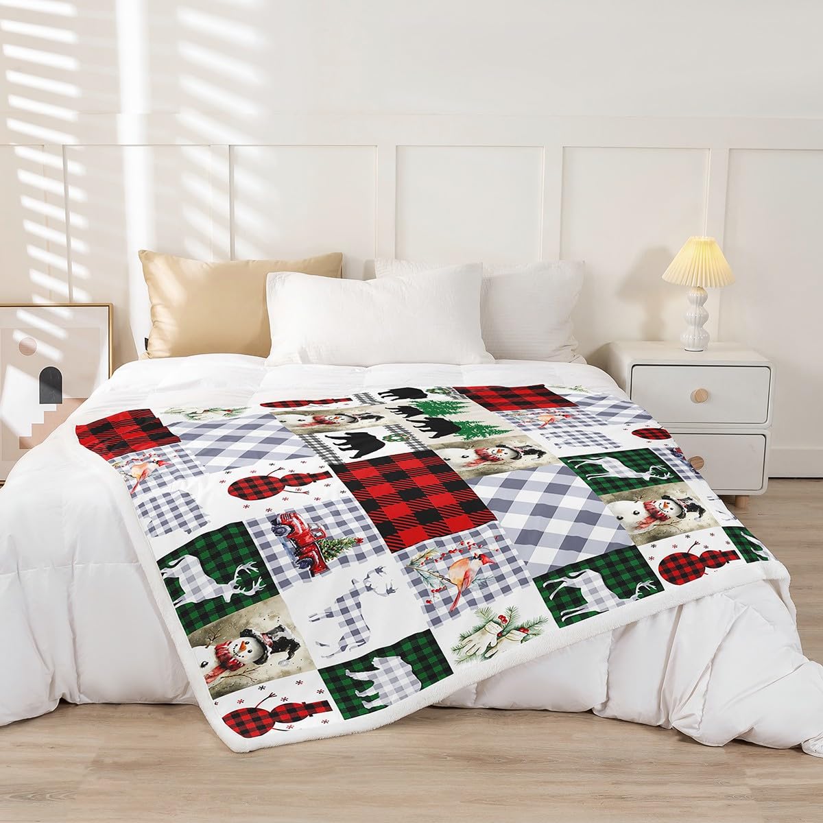 Erosebridal Xmas Snowman Fleece Blanket Christmas Deer Sherpa Blanket 90"x90", Cute Bird Cardinal Rustic Farmhouse Country Grizzly Bear Fuzzy Plush Throw