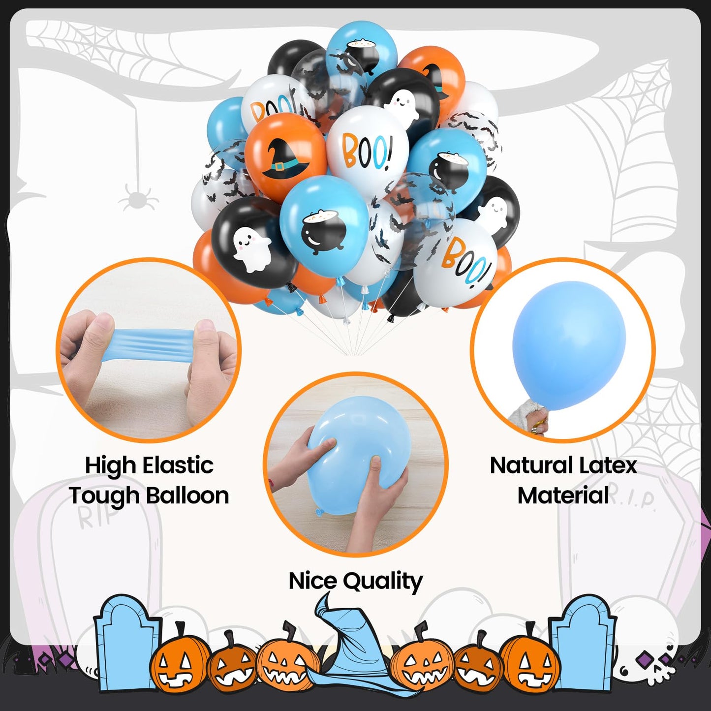 Halloween Balloons,12 Inch Blue Black and Orange Balloons with Boo,Ghost,Hat,Bat Design for Halloween Baby Shower Birthday Wedding Engagement Gender Reveal Party Decorations