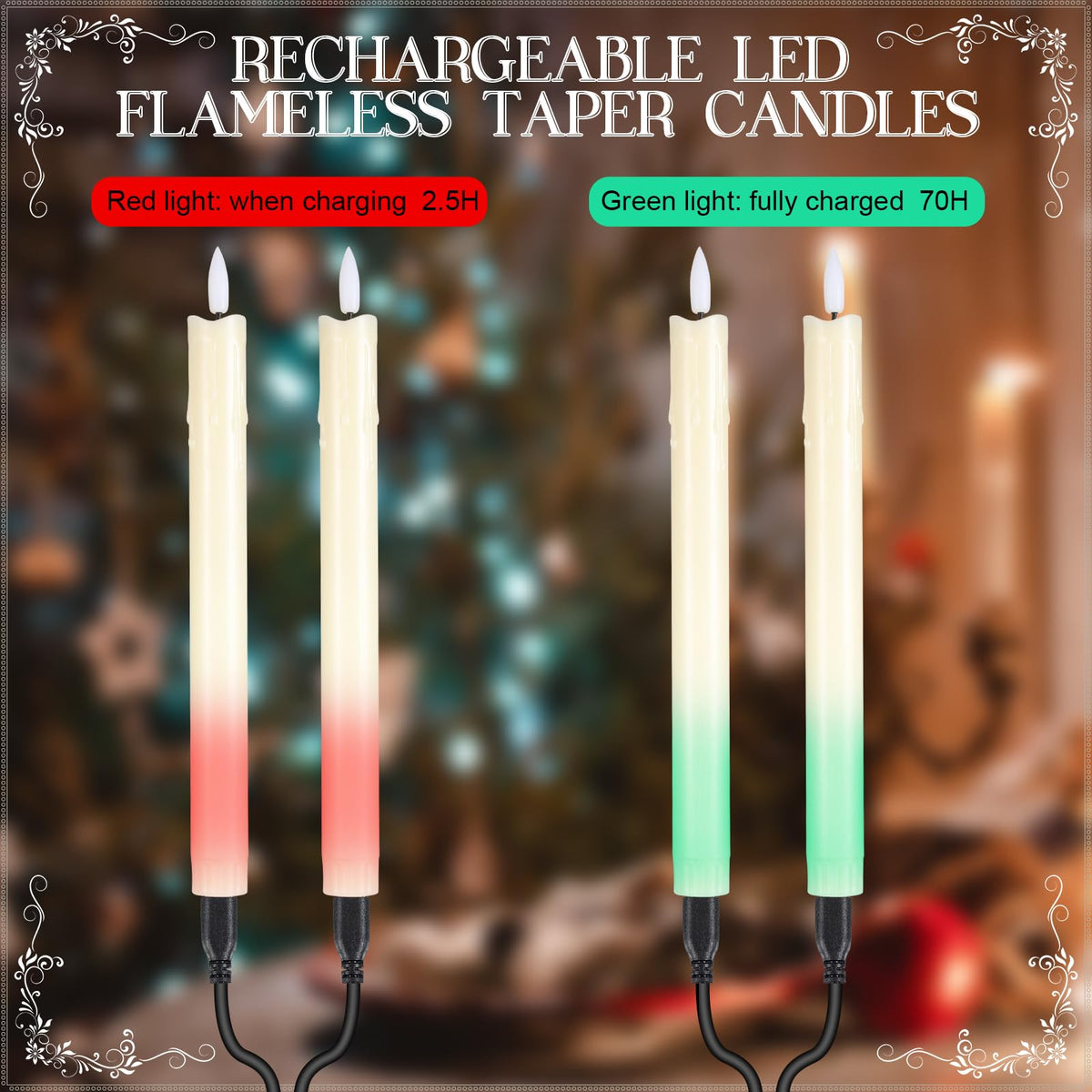 Retisee 4 Sets Rechargeable Flameless Taper Candles with Remote and Timer 9.8" Battery Operated Flickering Pillar Candles LED Dripless Wax Candlesticks for Christmas Home Window Fireplace