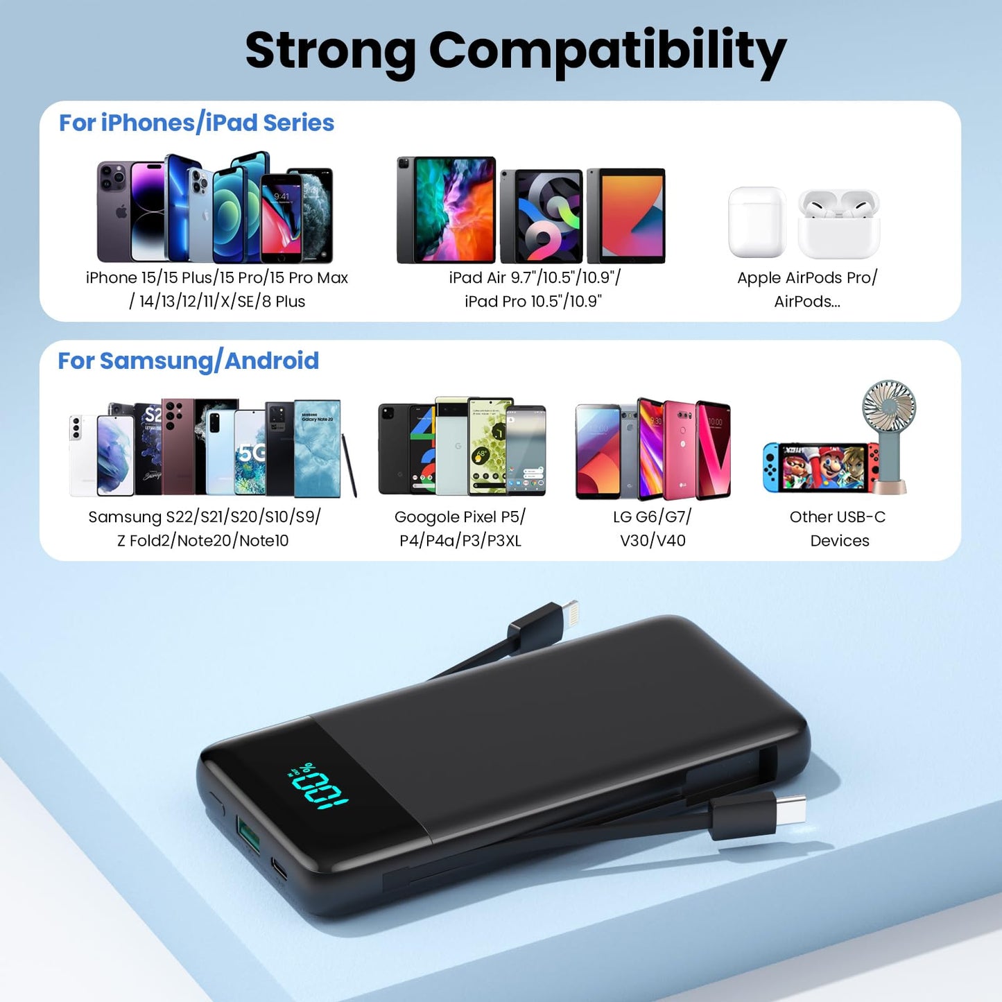 Portable Charger for iPhone with Built in Cables and Wall Plug,Upgraded 13800mAh Fast Charging USB C Power Bank,4 Outputs Travel Essential Battery Pack Compatible with iPhone 15/14/13,Samsung-Purple