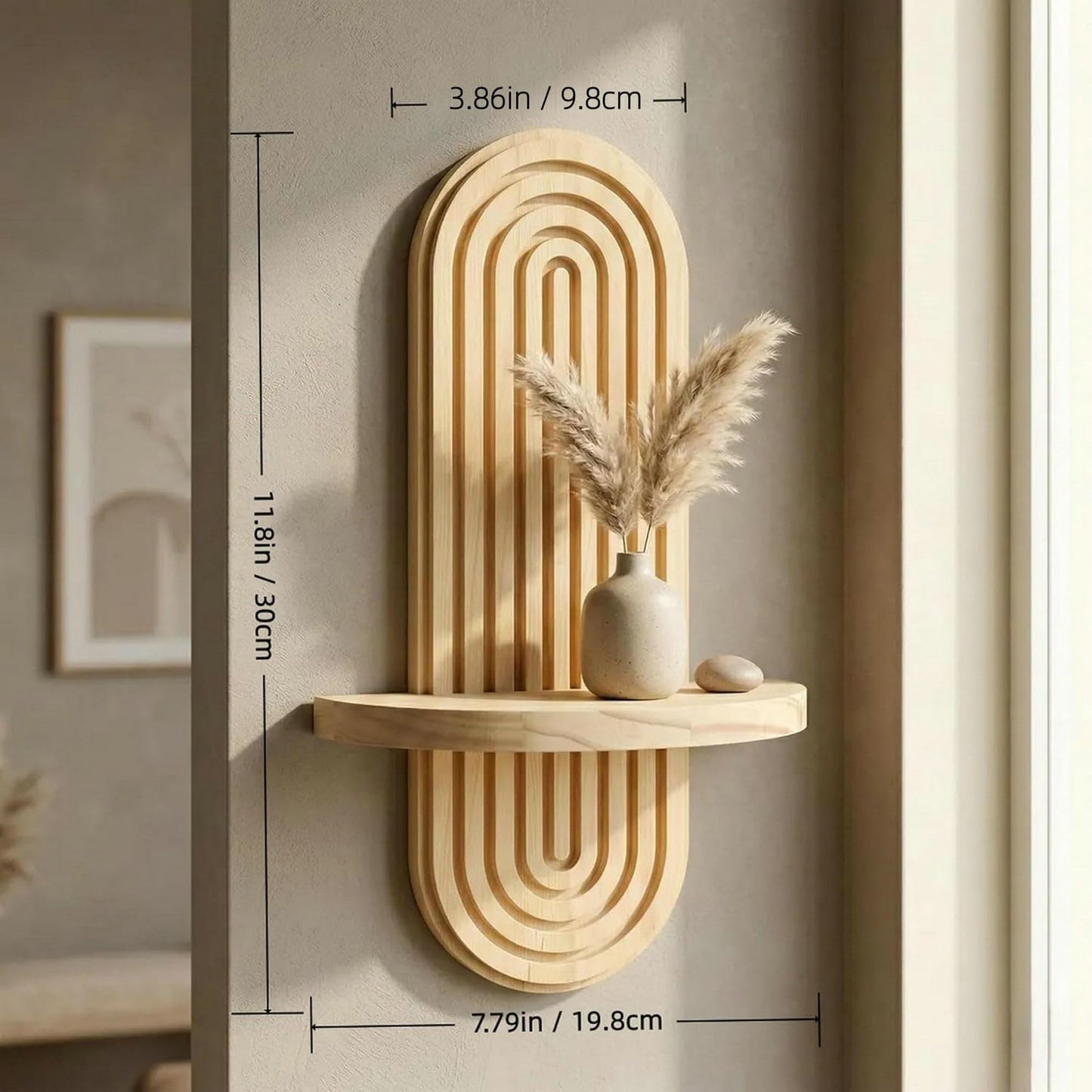 Natural Solid Wood Arched Wall Mount Shelf, Floating Decor Display Shelving for Succulents, Mini Plants, Home Decor & Bathroom Small Ornaments (Natural, 11.8" X 7.8")