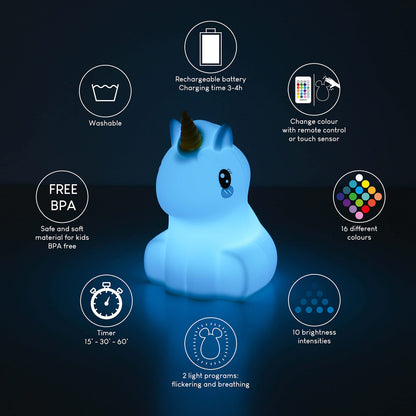BONNYCO Night Light Kids with Remote & Touch Control 16 Colours Unicorn Baby Night Light with Timer | Kids Lamp Silicone 100% BPA Free | Cute Lamp Nightlights for Bedroom | Gifts for Girls & Boys
