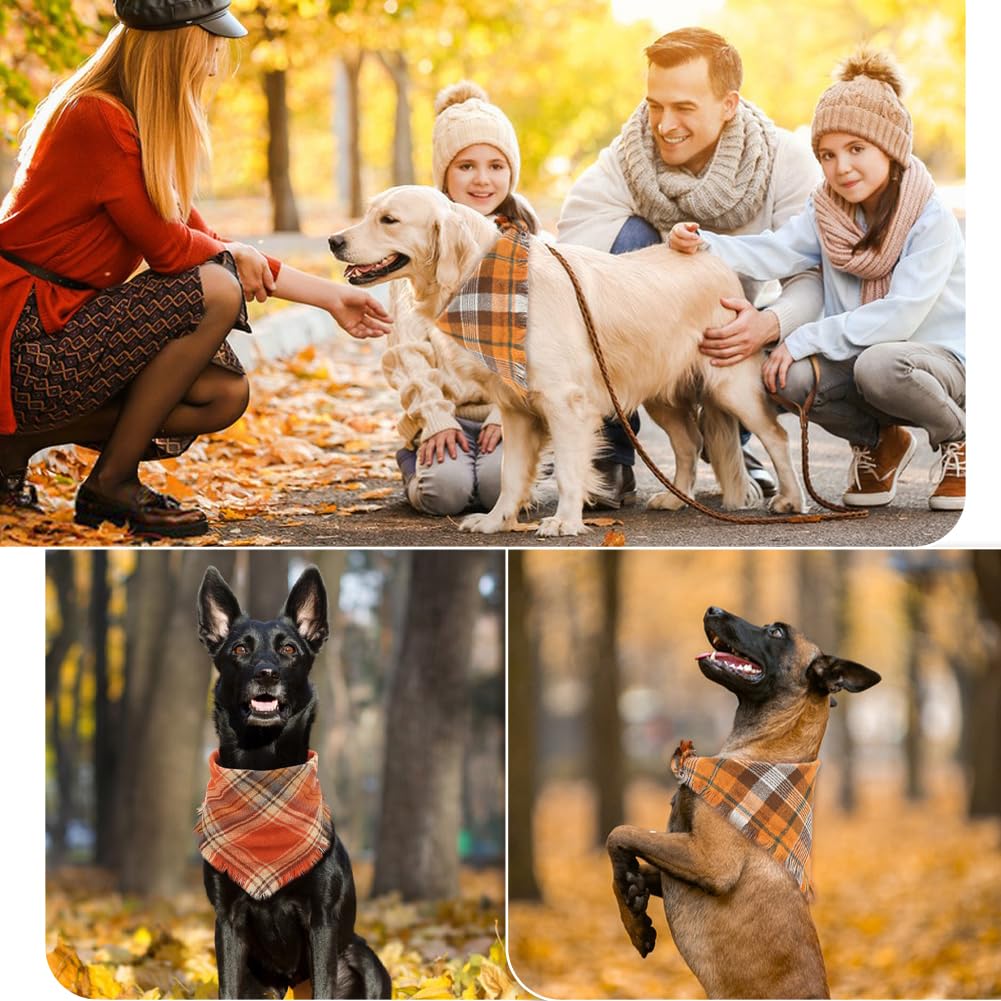 Vivifying Fall Dog Bandana, 2 Pack Halloween Thanksgiving Classic Plaid Dog Scarf with Tassels Edges, Funny Pet Apparel & Accessories Costume for Photo Prop, and Party Decor (Large, Yellow&Orange)
