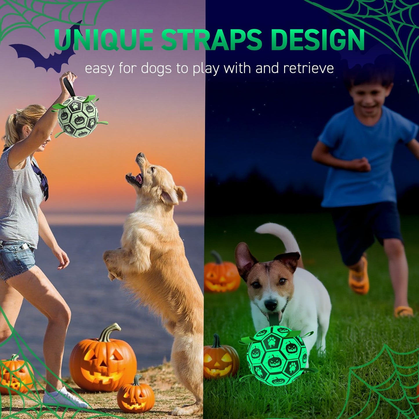 QDAN Halloween Glow in The Dark Dog Toys, Dog Ball with Straps, Soccer Ball for Dogs, Outdoor Dog Toys, Pet Birthday Toys, Puppy Essentials for Medium to Large (8Inch)