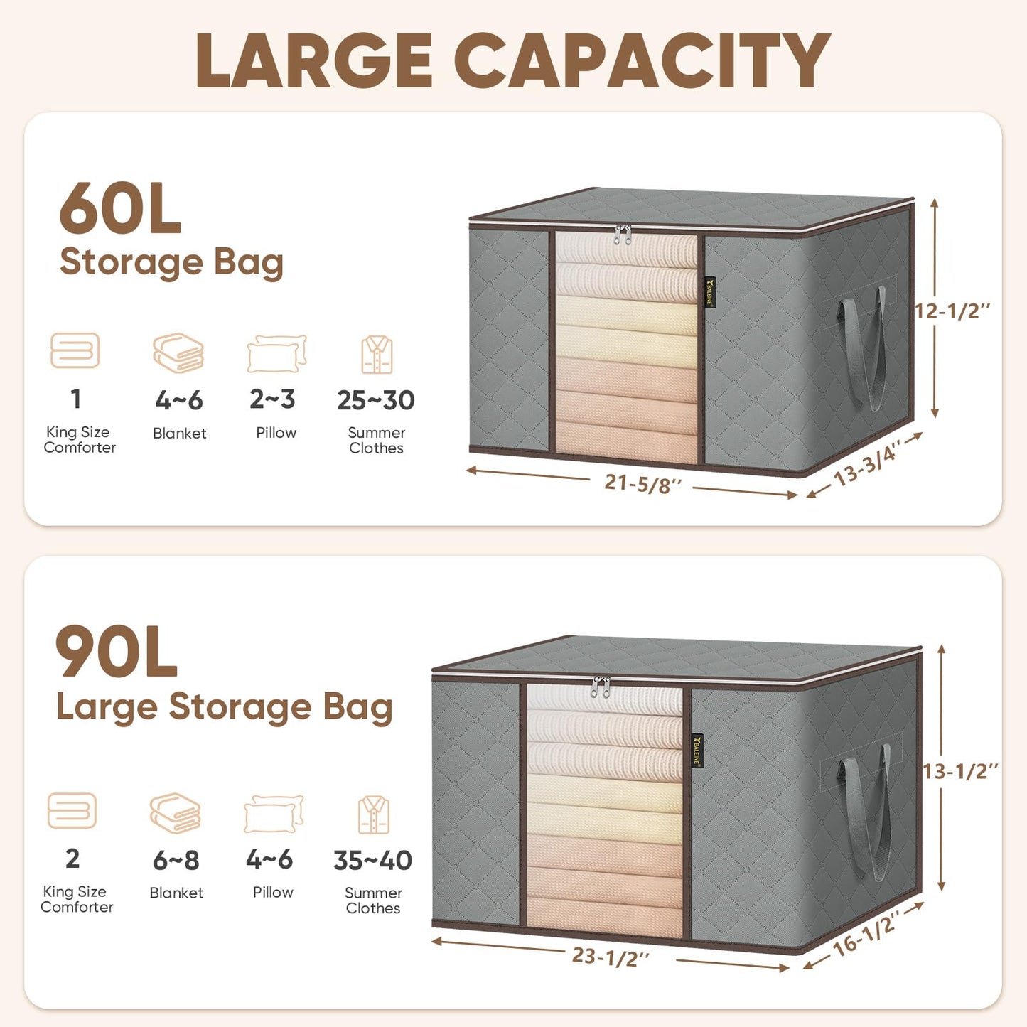 BALEINE 8 Pack Clothes Storage Bags, 24 Gallon Storage Containers with Reinforced Handle Sturdy Zipper, Closet Storage for Blanket Comforter Pillow Bedding (Grey, 8 Pack)