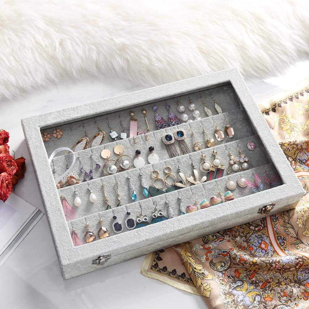 BIENSER Earrings Organiser, Velvet Clear Lid Earring Holder & 40 Pairs Earrings Storage Box, Jewellery Boxes Display Showcase Case Lockable, Dustproof, 13.14"(L) X 9.18"(W)