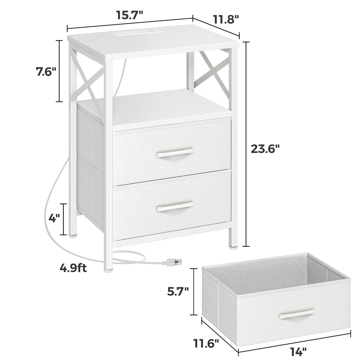 Huuger Nightstands Set of 2, Night Stand with Charger Station, 2 Drawer Side Table with Open Shelf, USB-C Port, End Table for Small Spaces, X Shaped Side Rail, White