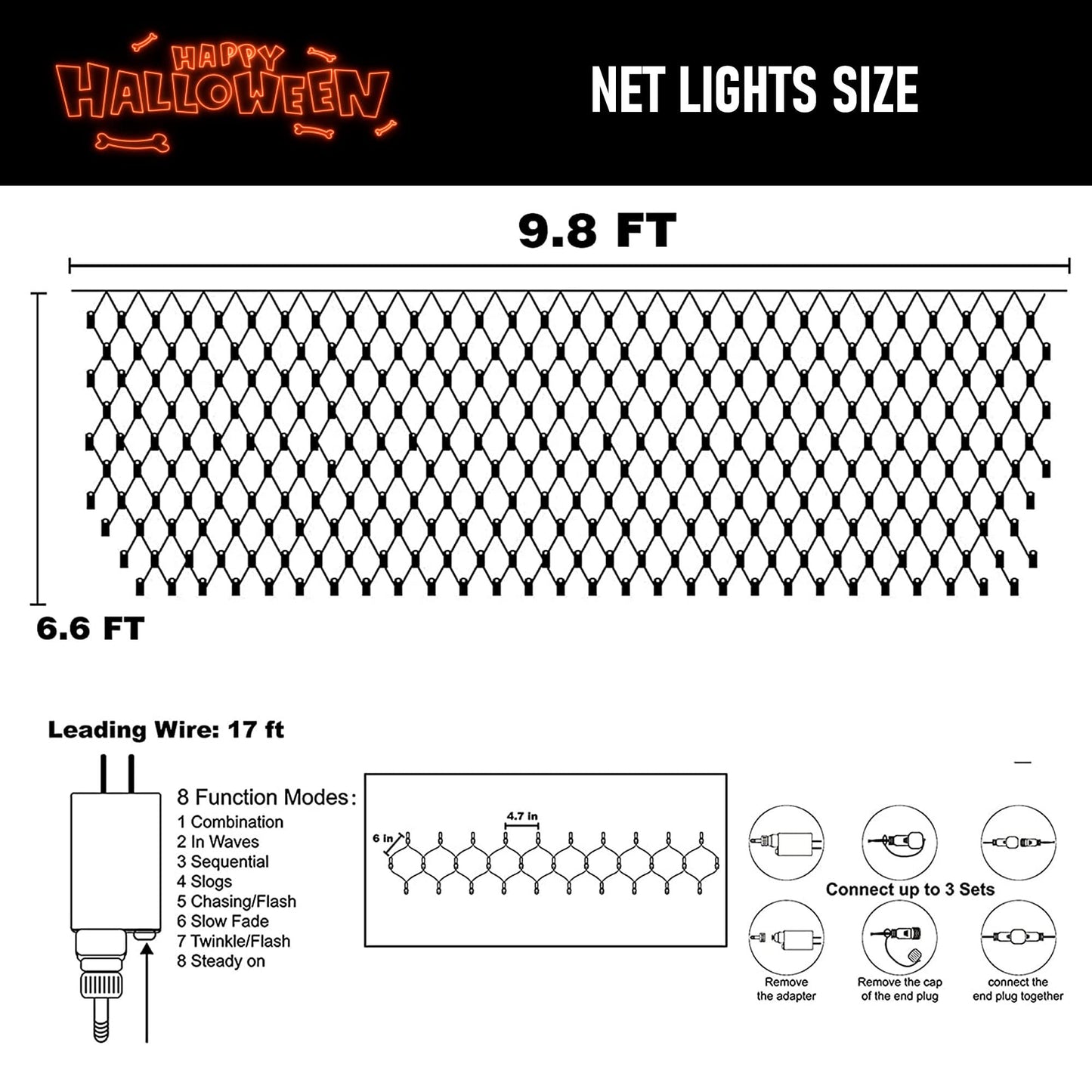 Dazzle Bright Halloween 200 LED Net Lights, 9.8 FT x 6.6 FT Connectable Mesh Lights with 8 Lighting Modes, Halloween Decorations for Indoor Outdoor Bush Yard Garden Decor (Purple & Orange)