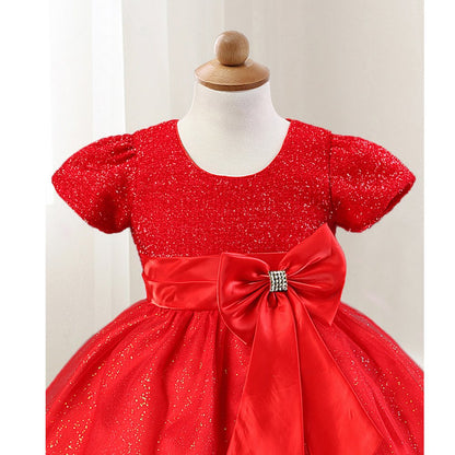 Toddler Girls Christmas Party Dress Bow Elegant Brilliant Tulle Lace Bridesmaid Wedding Dress L006_Red-3