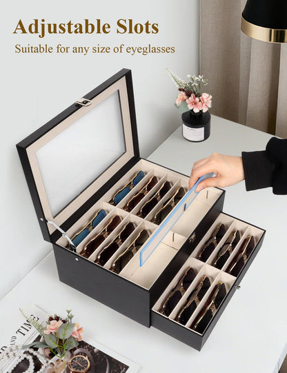 Huvon Sunglasses Storage Organizer Case with 24 Adjustable Slots, 2 Layer Multi Eyeglass Glasses Display Box with Lid Women