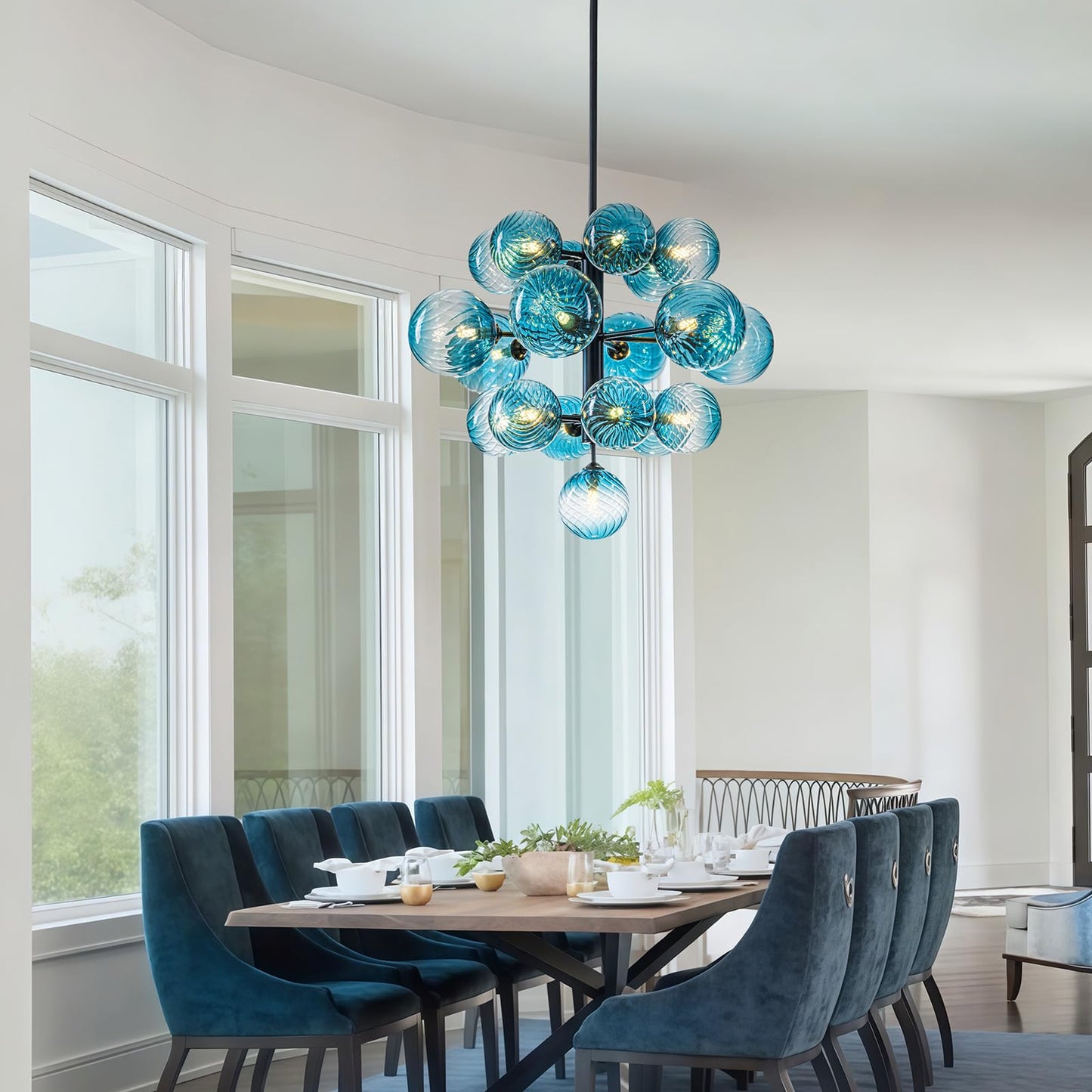 19-Light Blue Glass Bubble Chandelier Light Fixture, 24" Large Foyer Lighting Fixtures, Adjustable Black Mid Century Modern Sputnik Chandeliers for Dining Room Chandelier over Table, G9 Bulb Base