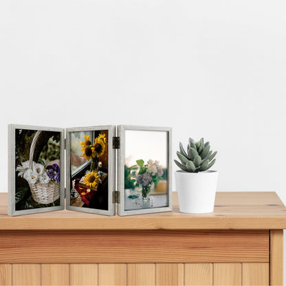 Space Art Deco Triple 5x7 Picture Frame, 3 5x7 Folding Photo Frame, Standing Vertically on Desktop or Tabletop, Home Decorative Christmas Holiday Gift, Whitewashed Oak