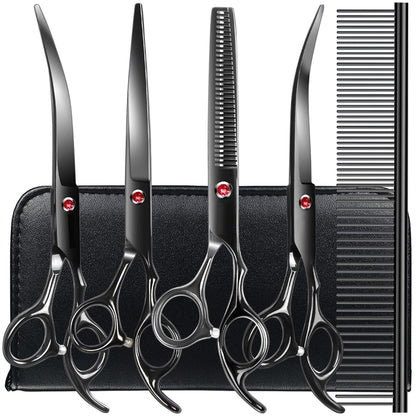 Professional Dog Grooming Scissors Kit Black 6 in 1, Dog Shears for Grooming 6CR Premium Stainless Steel Grooming Scissors Kit for Dogs Cat Pet