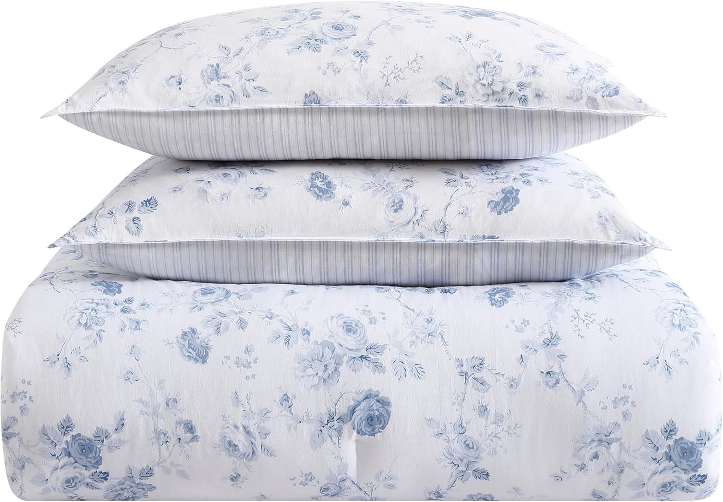 Laura Ashley - Queen Comforter Set, 100% Cotton Bedding, Medium Weight for Year-Round Comfort, Reversible Floral Design, Includes Comforter and Shams, Belinda Blue