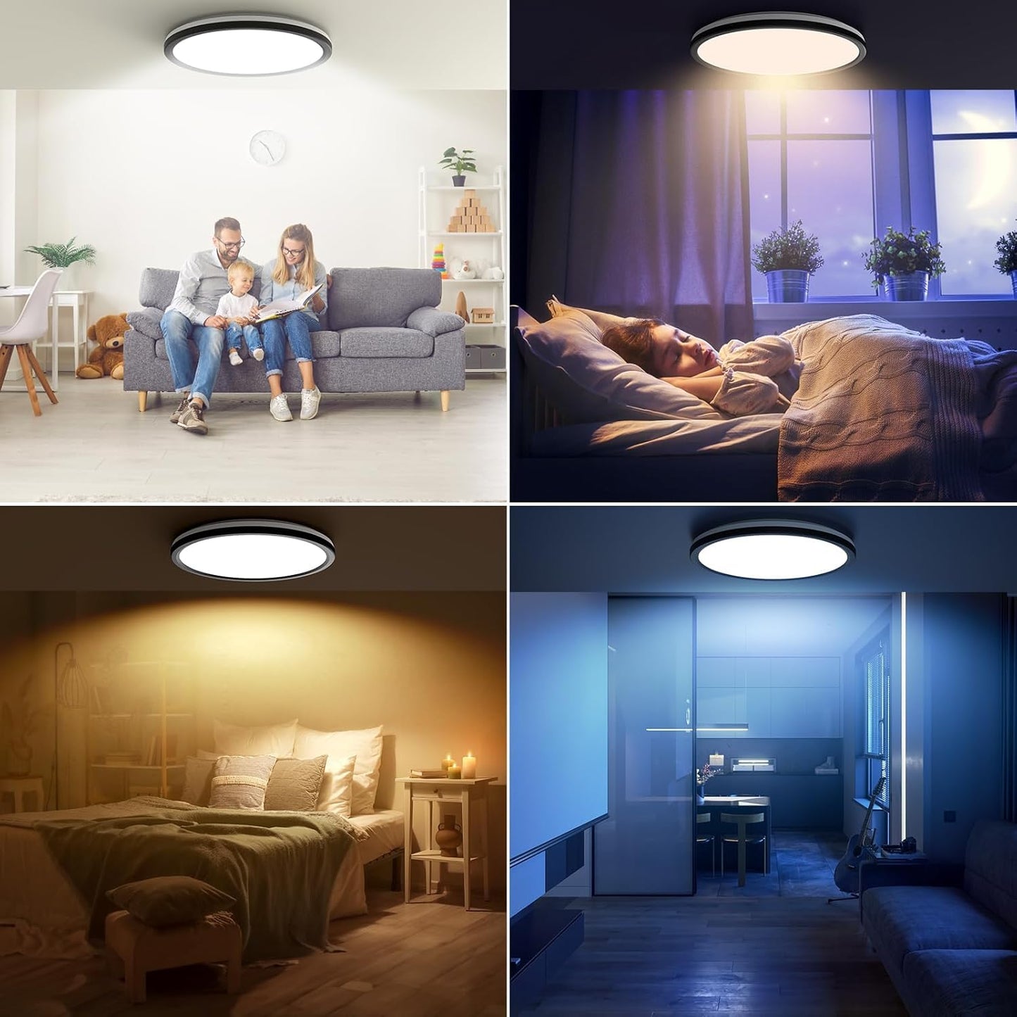 AmazeFan 12Inch LED Flush Mount Ceiling Light with Remote Control, Dimmable Night Light 1800K 3000K/4000K/6500K 24W Low Profile Hardwiring Ceiling Lamp for Bedroom LivingRoom Kitchen Hallway-Black