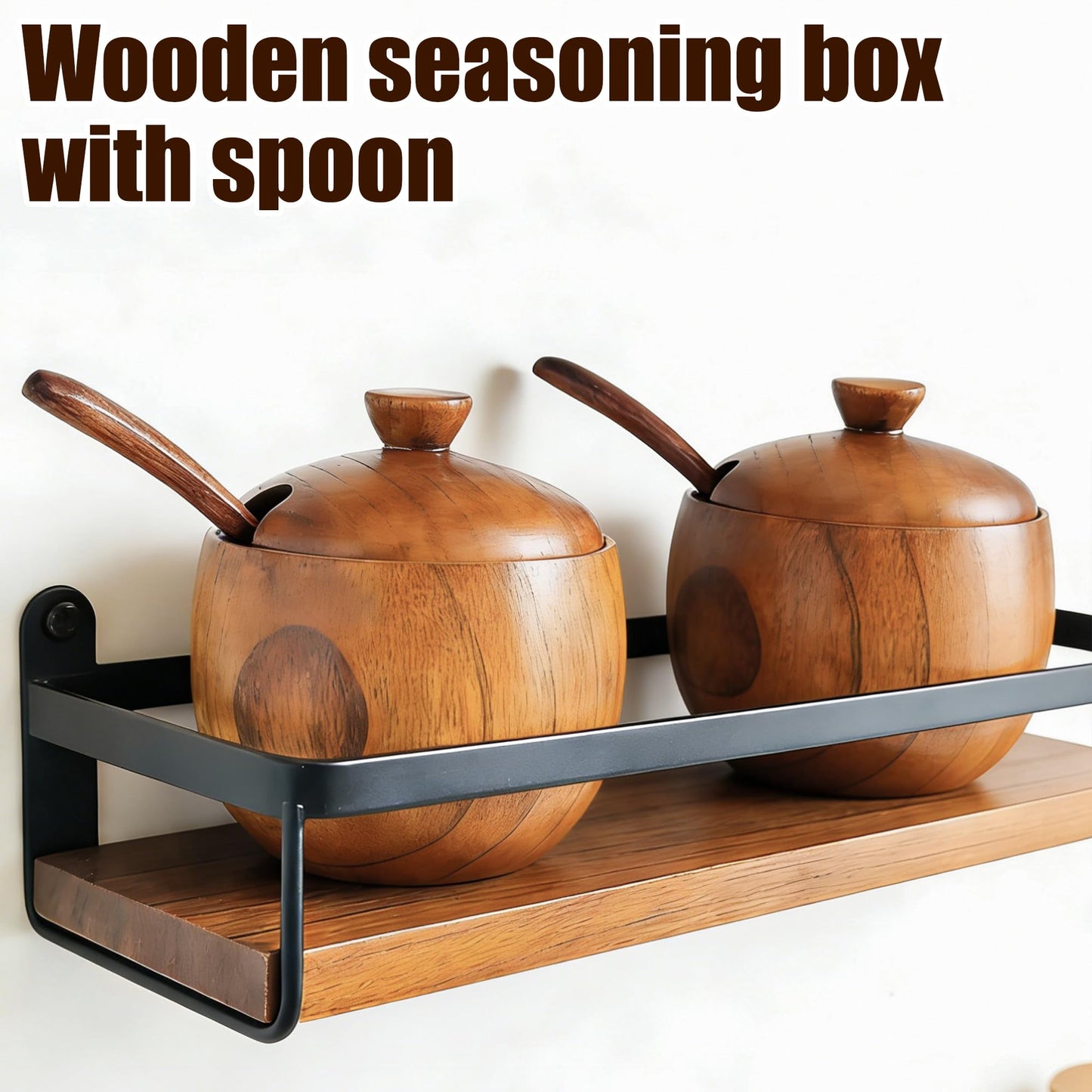 Yokudo Wooden Salt Cellar with Lid and Spoon 5.7 oz Kitchen Wooden Salt Box for Sea Salt,Spices and Herbs（1pcs）