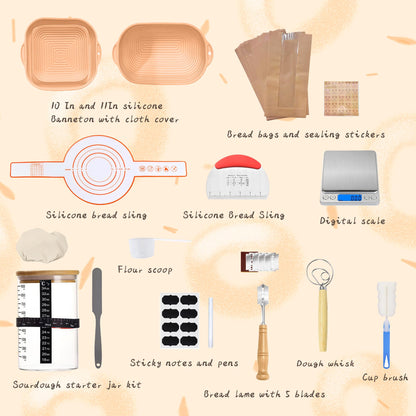 Sourdough Starter Kit，10 In and 11In silicone Banneton with Cloth Cover,Glass Sourdough Starter Jar,Dough Whisk, Bread Lame, Silicone Sling, digital scale for Bread Making Baking Fermentation