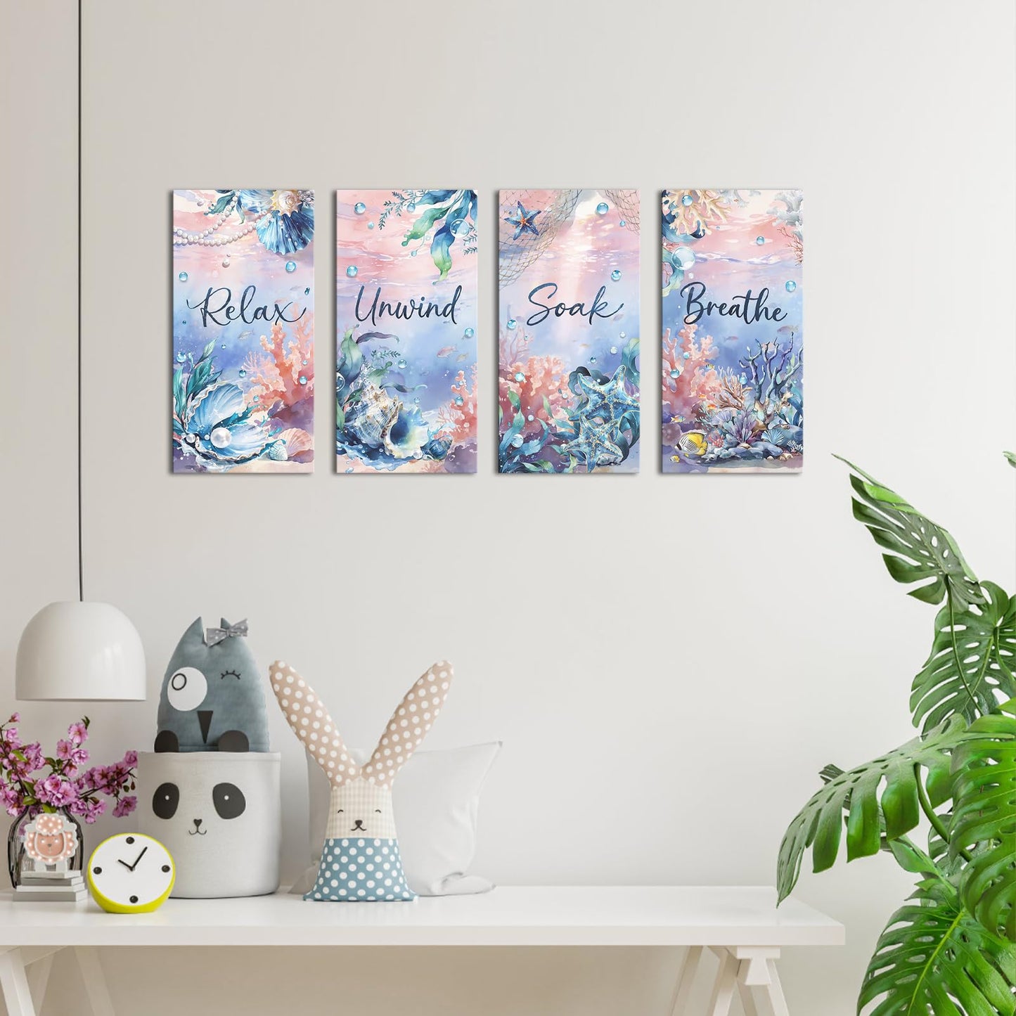 Nachic Wall Relax Unwind Soak Breathe Wall Art, Coastal Nautical Bathroom Canvas Decor, Ocean Seashell Prints for Spa Bedroom 8x12 Inchx4