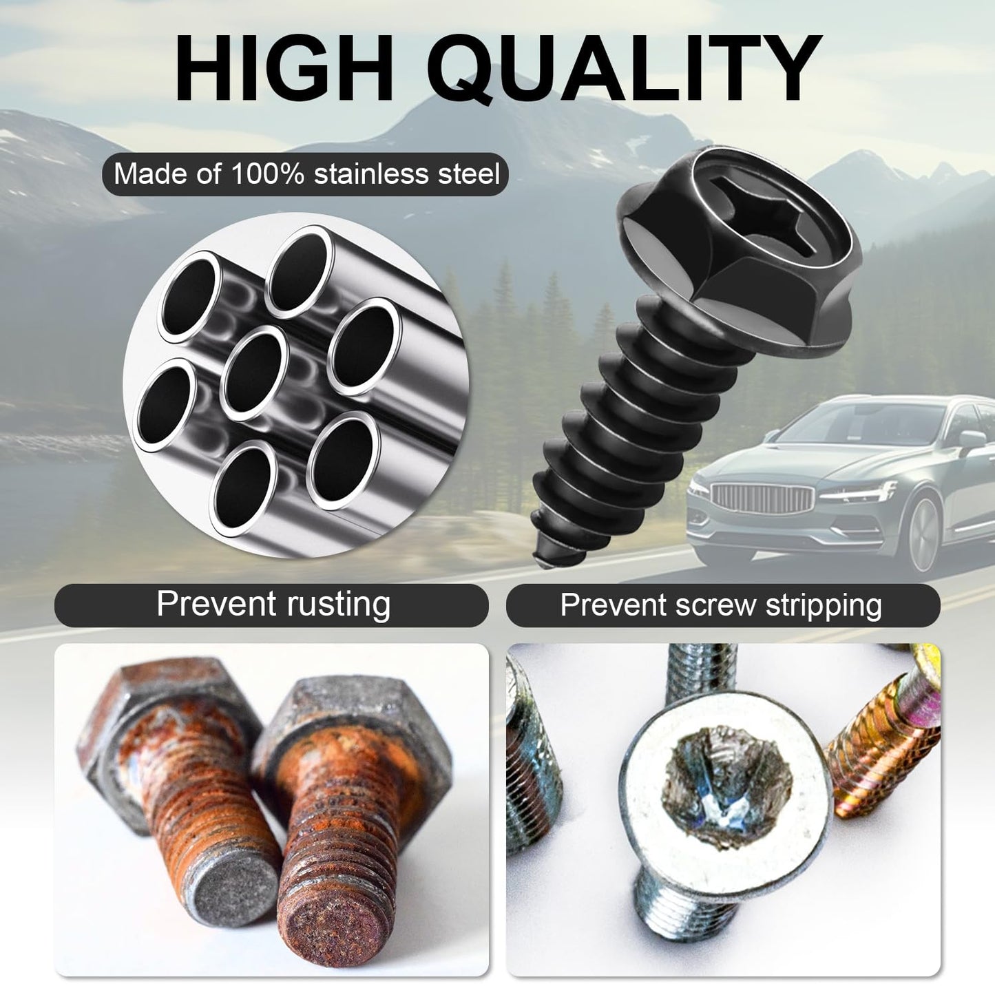 LivTee Rustproof License Plate Screws for Securing License Plates Frames and Covers on Cars and Trucks, 4 Sets Premium Stainless Steel Self Tapping Mounting Bolts (Black Zinc Plated)