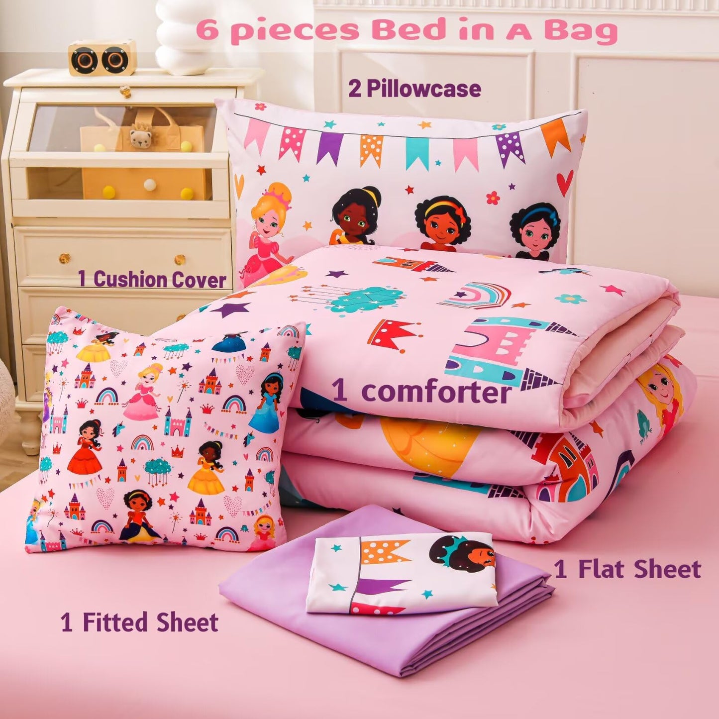 GRAT TIOC 6 Pieces Pink Princess Comforter Set for Girls Twin,Bed in A Bag Princess Bedding Set for Girl Kids (1 Comforter,1 Flat Sheet,1 Fitted Sheet,2 Pillowcases and 1 Cushion Cover)