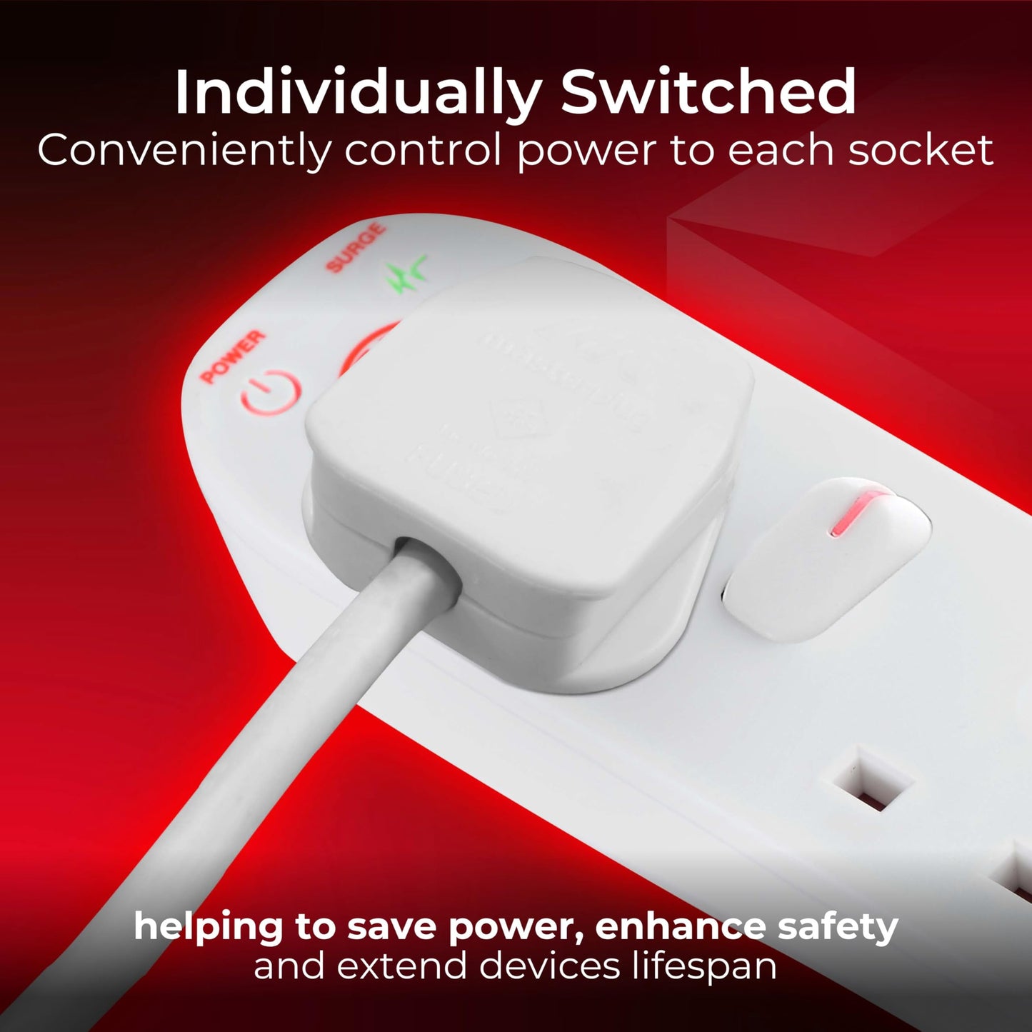 Masterplug Four Socket Extension Lead, Surge Protection, Individual Switches, Power and Surge LED Indicators, 2 Metre Cable, 4-Way Plug Extension Cable, Power Strip, White, 13A, 4G, 2m, SWSRG4210N