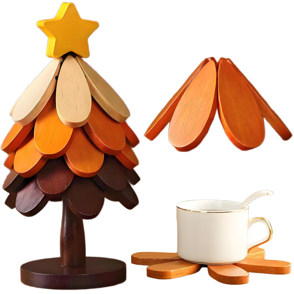 Table Decor Coaster, Tree Trivet Wooden Tree Coasters Christmas Tree Coasters Set of 5,Foldable Kitchen and Restaurant Wooden,for Hot Dishes、Pot、Bowl、Teapot、Hot Pot Holder (Star)