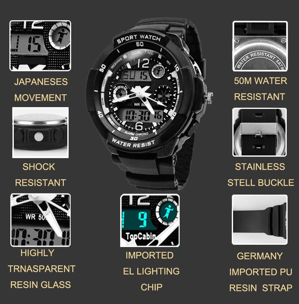 TOPCABIN Digital-analog Kids Teenager Boys Girls Sport Digital Watch with Alarm Stopwatch Chronograph - 50m Water Proof Electronic Sport Watch for Boys Teenagers Junior Kids Children (white)
