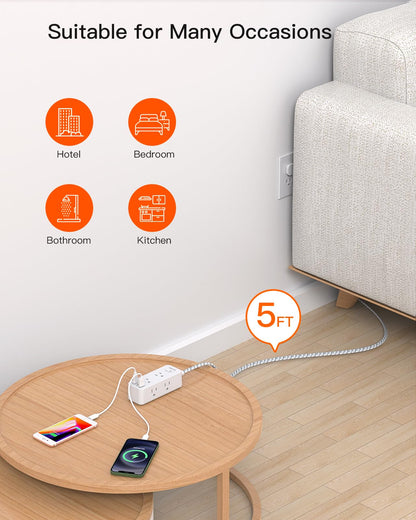 Power Strip Surge Protector, BESHON 5Ft Extension Cord, 6 Outlets with 4 USB Ports (2 USB C Outlet), 3-Side Outlet Extender, Wall Mount, Compact for Travel, Home, School, College Dorm Room and Office