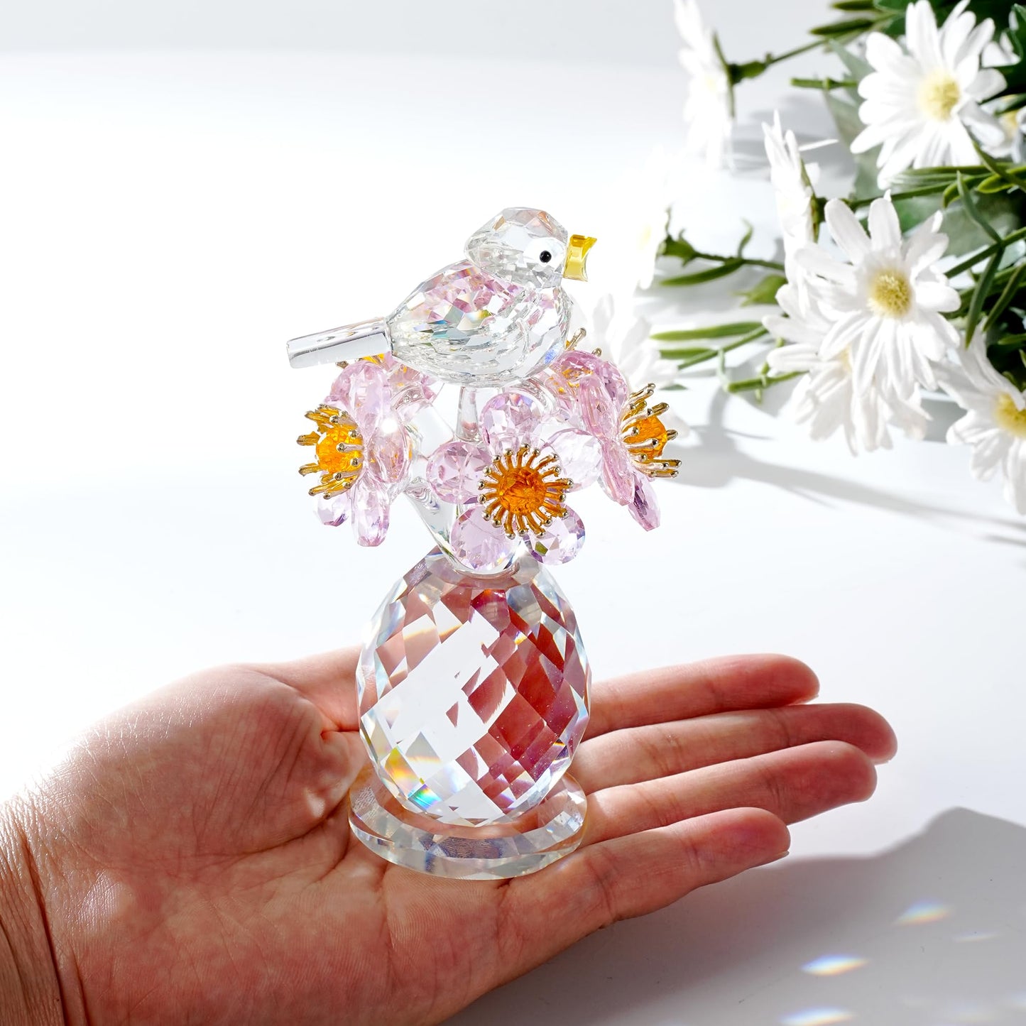 CNCRMEM Crystal Bird & Forget-Me-Not Flower Figurine,3x4 inch Glass Flower Collectible Ornaments for Home Decor Table Centerpiece Glass Bouquet Flowers Keepsake Gifts for Women （Pink）