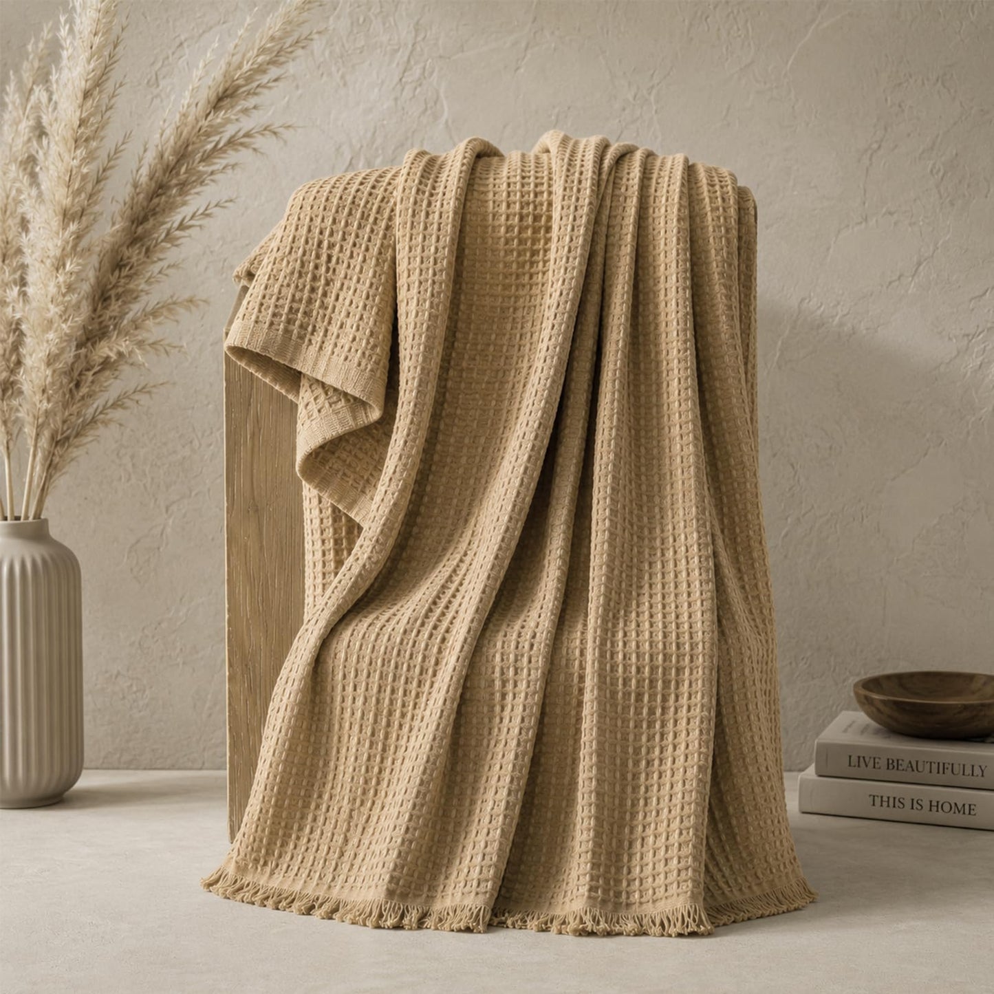 Luxury Waffle Weave Throw Blanket with Eyelash Fringes, 50 x 70 Inches High-End Accent Decor Blanket for Couch, Bed & Sofa, Modern Boho Farmhouse Living Room Aesthetic Statement Piece, Camel