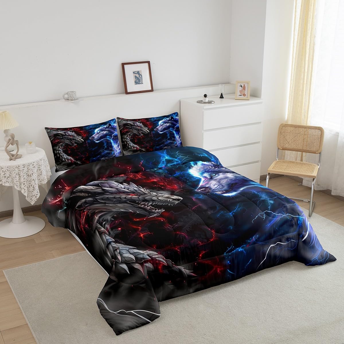 Manfei 3D Dragon Kids Comforter Set Twin Size,Western Dragon Wild Wolf Jungle Animal Hunting Bedding Set,Boys Men Room Decor,Red Blue Lightning Down Comforter,Blue Grey Duvet Insert,1 Pillowcase
