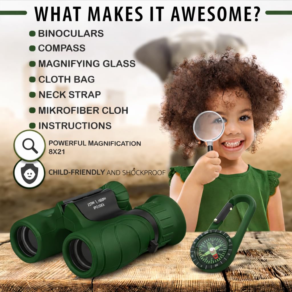 Binoculars for Kids – Perfect Toy for Little Boys and Girls – Extensive Set Incl. Magnifying Glass & Compass – Powerful Magnification 8X21 – 3 to 12 Year Old Kids for Toddler
