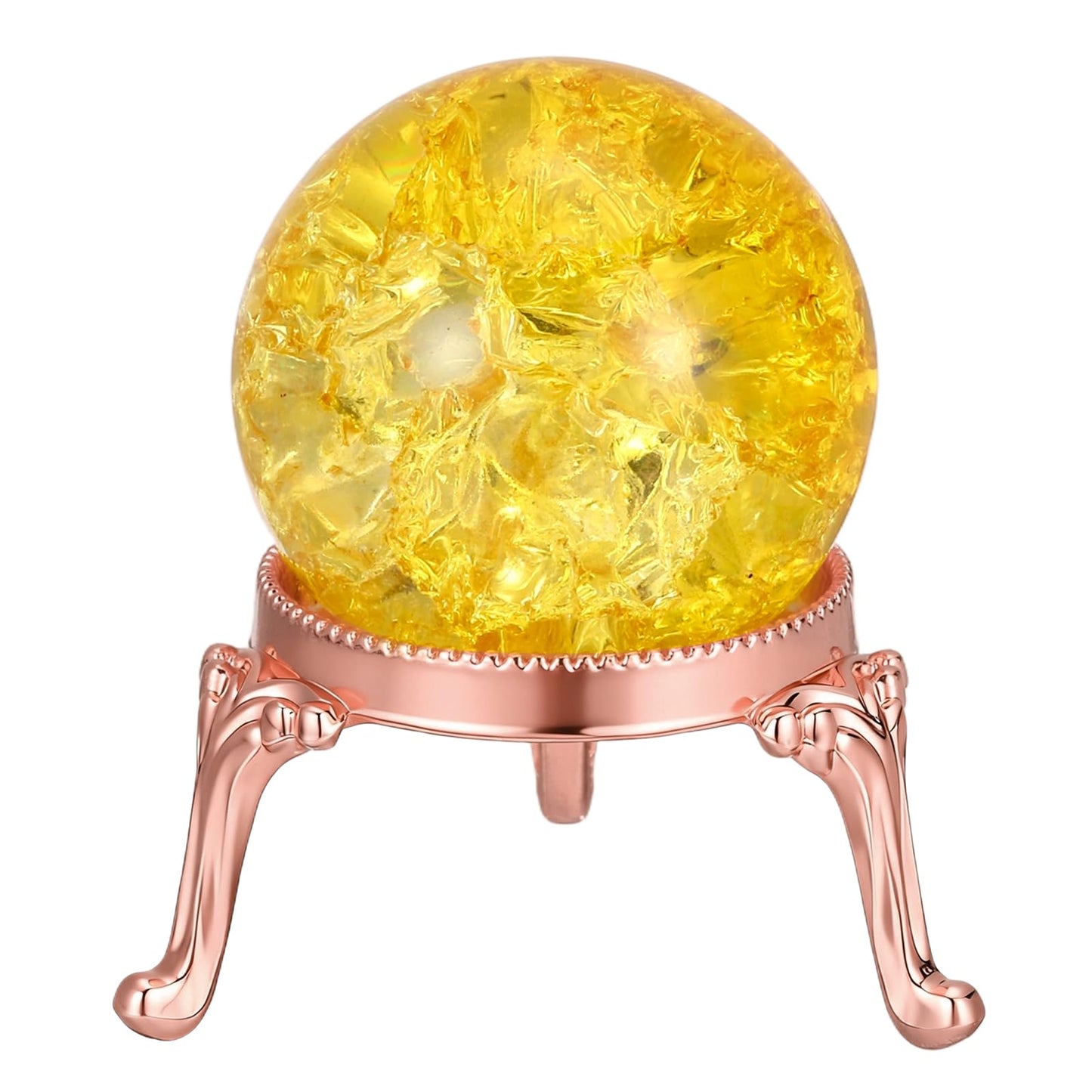 PATIKIL Crystal Ball 40mm, Ice Cracked Glass Ball with Metal Stand, Decorative Crystal Sphere Glass Paperweight for Home Office Table Decor, Yellow/Rose Gold
