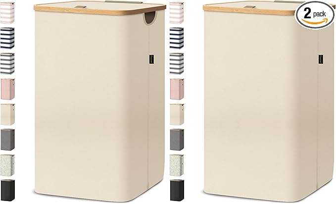 BALEINE Laundry Hamper with Lid, Tall Laundry Baskets with Bamboo Pull Handles