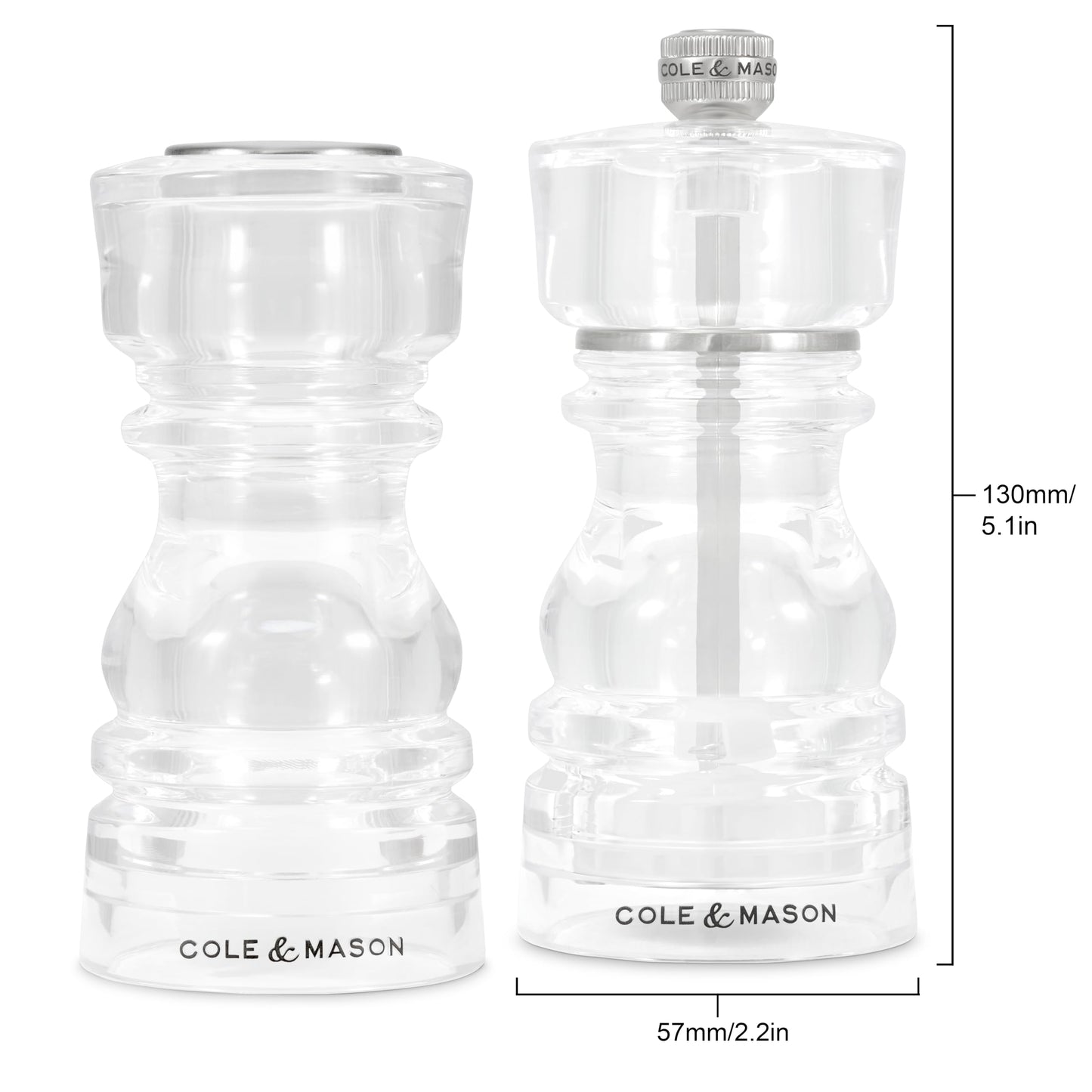 Cole & Mason London Acrylic Shaker Gift Set - Refillable Salt & Pepper Grinder with Adjustable Grinding Mechanism - Acrylic, 5" Salt & Pepper Gift Set