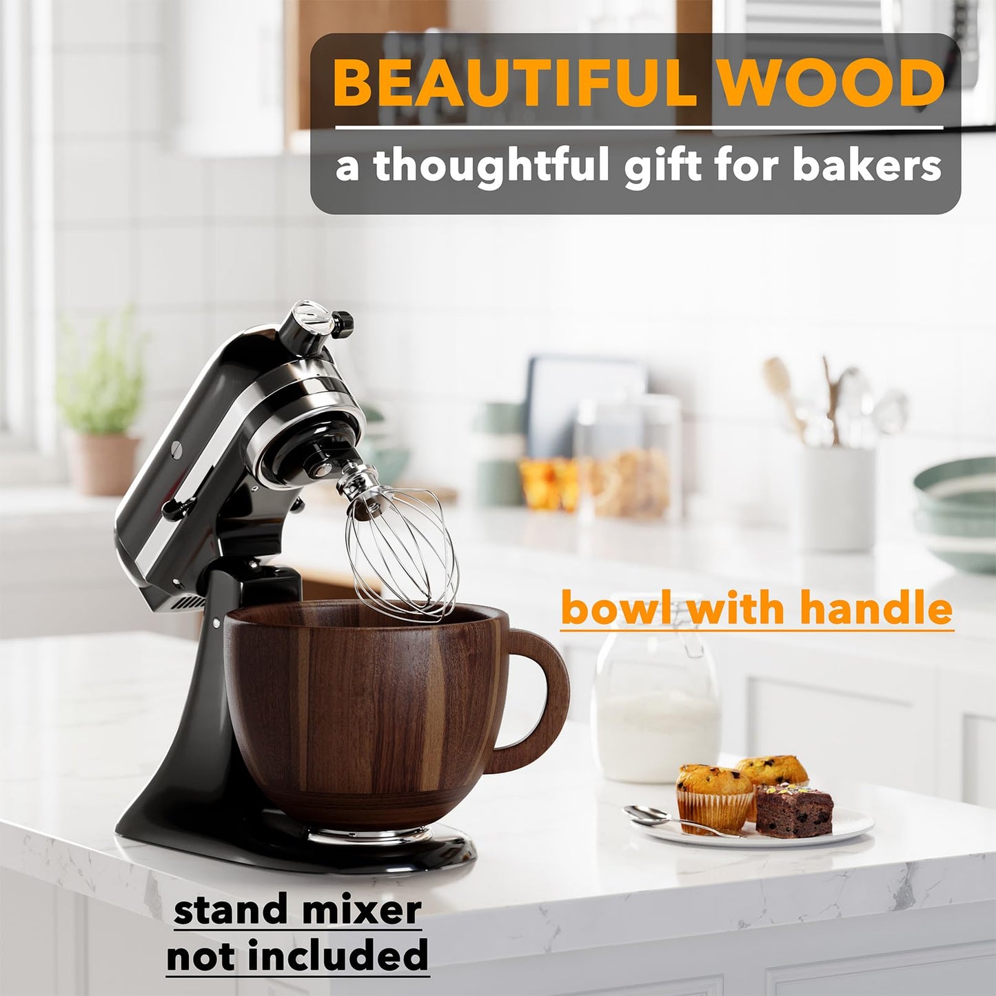 SpaceAid Wooden Bowl with Handle, Kitchen Space Aid Acacia Wood Mixing Bowls Holder for Stand Mixer, Compatible with 4.5 & 5 QT Tilt-Head Models Kitchen, Natural Wood