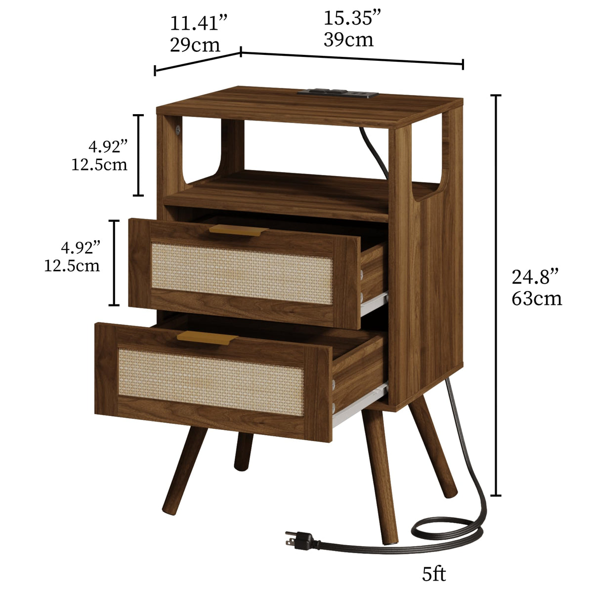 JOONEE Rattan Nightstand with Charging Station,Farmhouse Bedside Table with 2 Storage Drawer and Open Wood Shelf, for Bedroom and Small Spaces,Night Stand with Solid Wood Legs (Walnut Brown-Outlet)