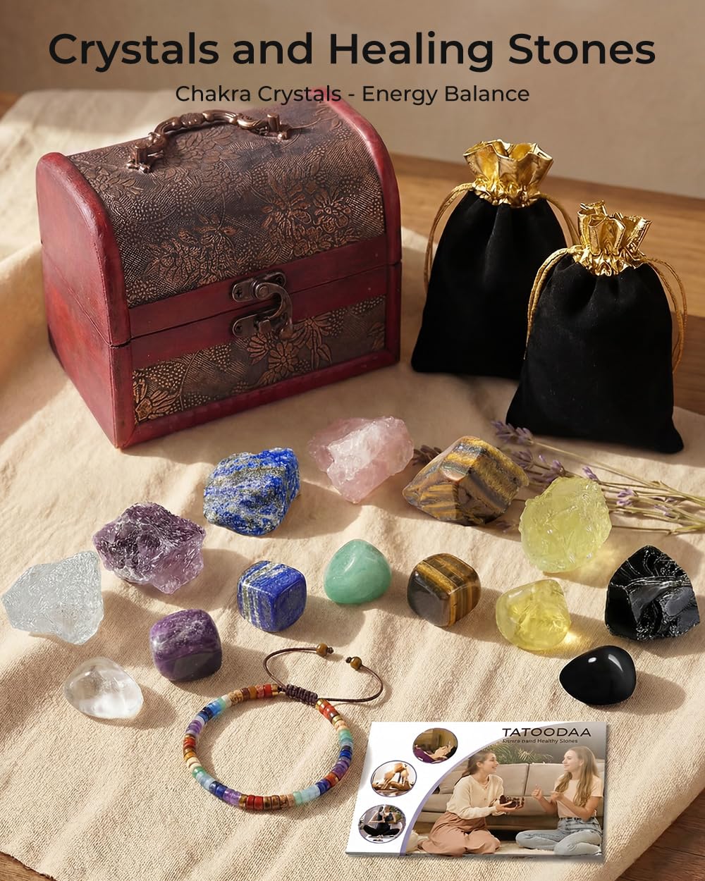 Chakra Bracelets Healing Crystals Set, Crystals and Healing Stones Reiki Energy Protection, Wooden Box, Mothers Day Birthday Gifts for Mom, Meditation Relax, Relief Anxiety Stress Gifts for Women