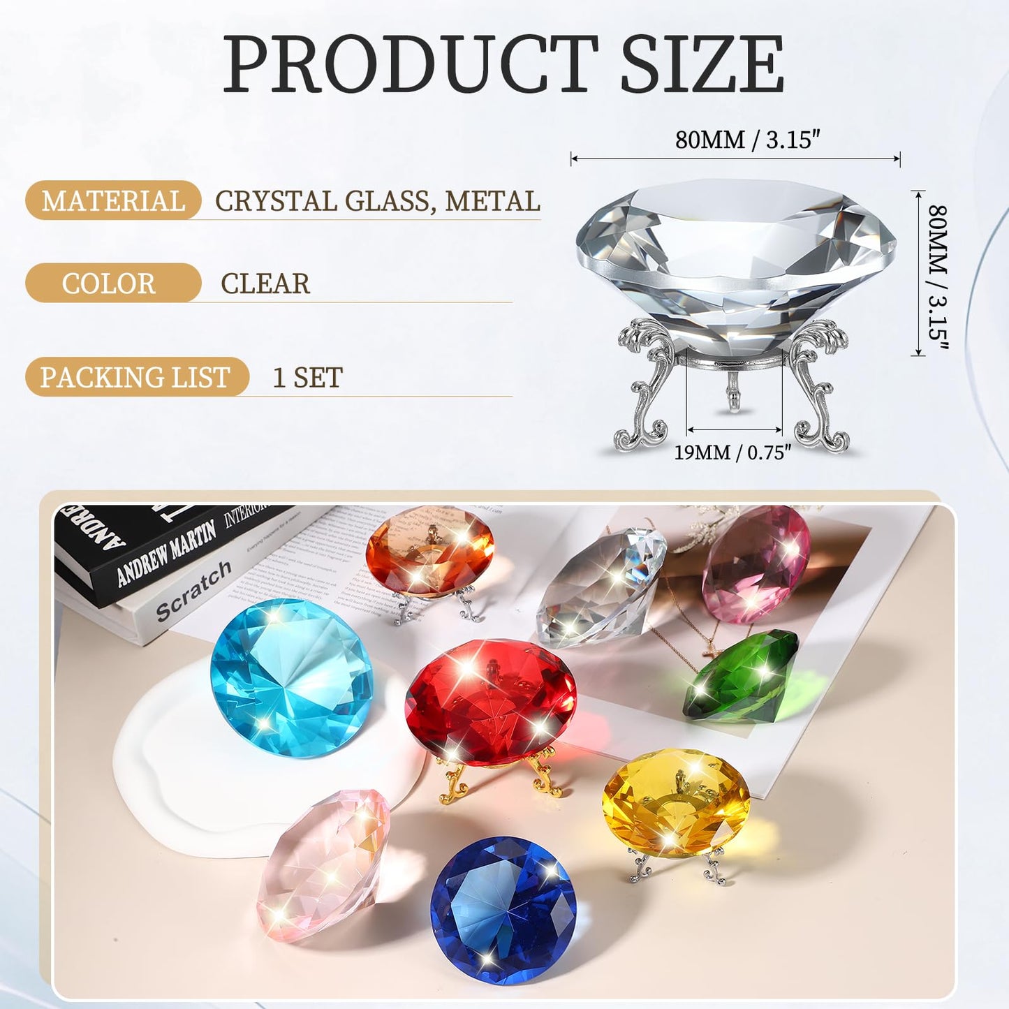 PATIKIL Diamond Crystal Paperweight, 80mm / 3.15" Crystal Paperweight Paper Weight with Silver 19 Metal Base for Home Office Desktop Table Decor Wedding Party Ornaments, Clear