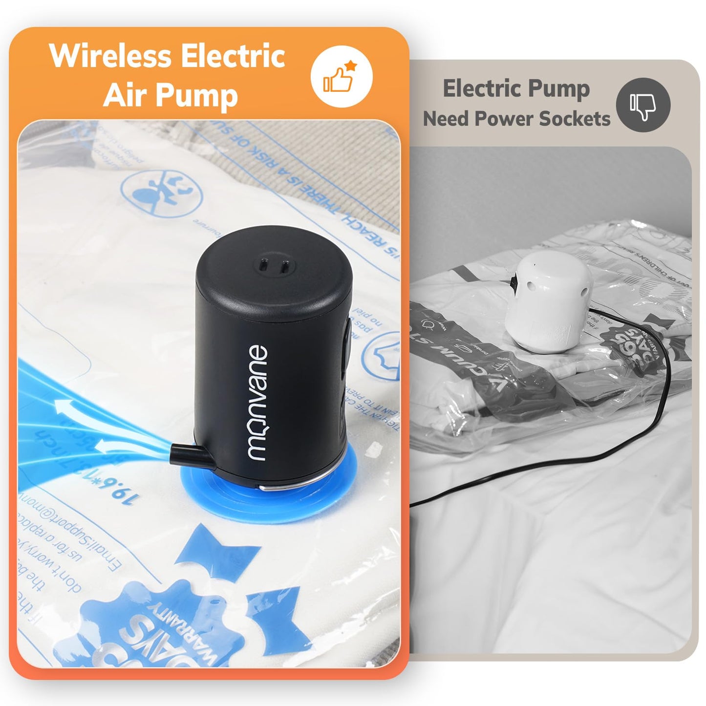 Vacuum Bag Electric Air Pump - Portable Vacuum Pump for Space Storage Bags Powerful Compression Pump for Clothes Blankets (Wireless), Black