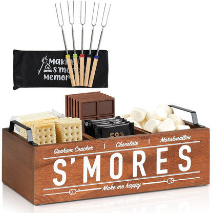 S'Mores Station, Farmhouse Smores Caddy with Handles, Smores Kit for Fire Pit Smores Maker Box, Smores Bar Station with 5Pcs Extendable Marshmallow Roasting Sticks, Camping Essentials Gear Accessories