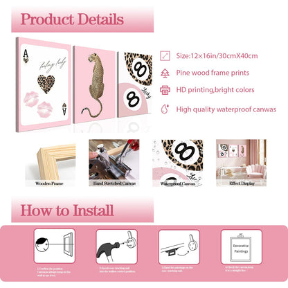 Trendy Leopard Canvas Wall Art Set of 3 - Pink Cheetah Prints Wall Decor Pictures, Funky Lucky You 8 Ball Poster Preppy Aesthetic Paintings, for Girls Bedroom Dorm Apartment 12x16 inch Framed
