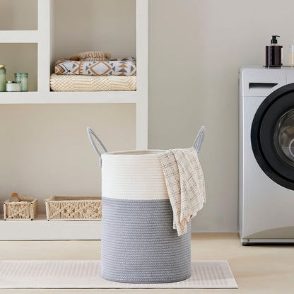 VIPOSCO Large Laundry Hamper, Tall Woven Rope Storage Basket for Blanket, Toys, Dirty Clothes in Living Room, Bathroom, Bedroom - 58L Grey & White
