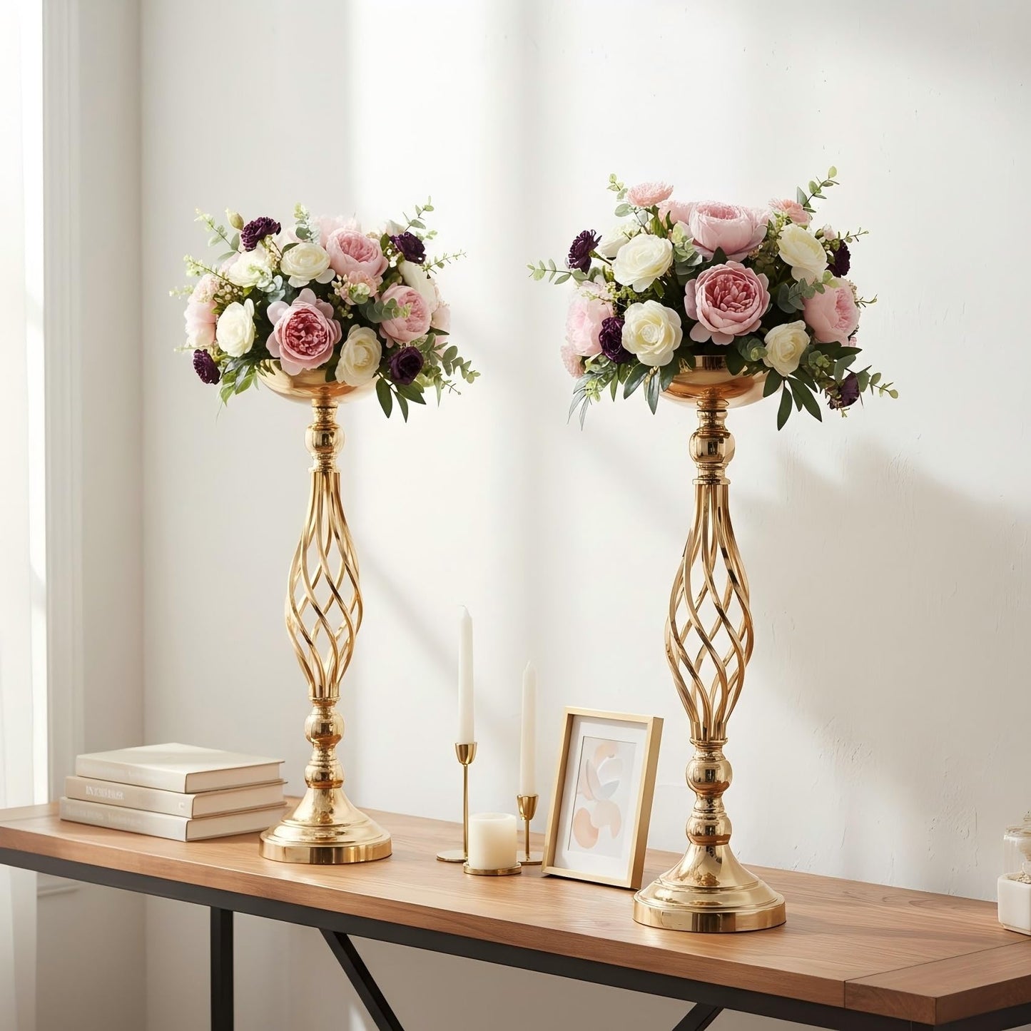 LANLONG 2pcs Metal Gold Candle Holders Road Lead Table Centerpiece Stand Pillar Candlestick for Wedding Candelabra Flowers Vases