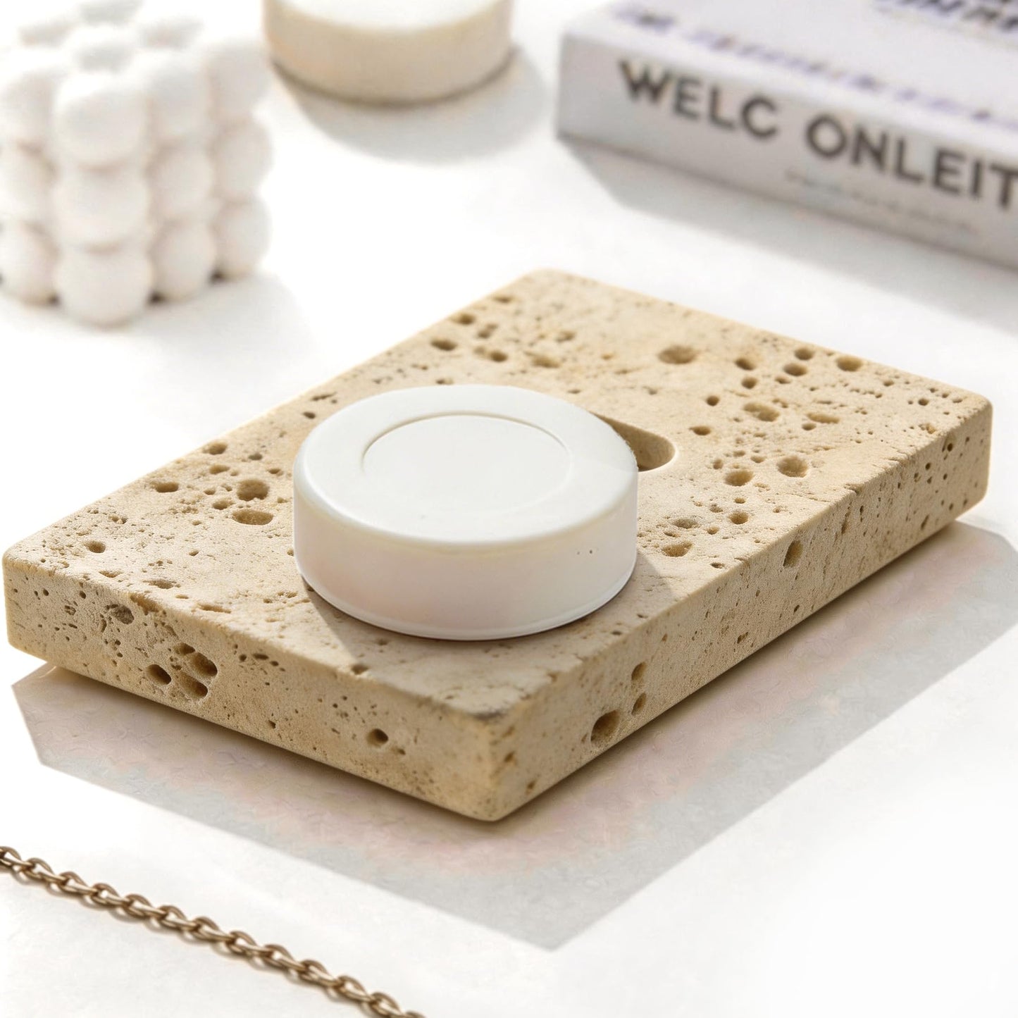 Natural Marble Soap Dish for Shower Stone Tray Small Bar Soap Holder with Self Draining | Non-Slip, Luxury Bath Room Accessories, Sponge Dish Scrubbers Tray for Kitchen Sink Counter Top (Travertine)