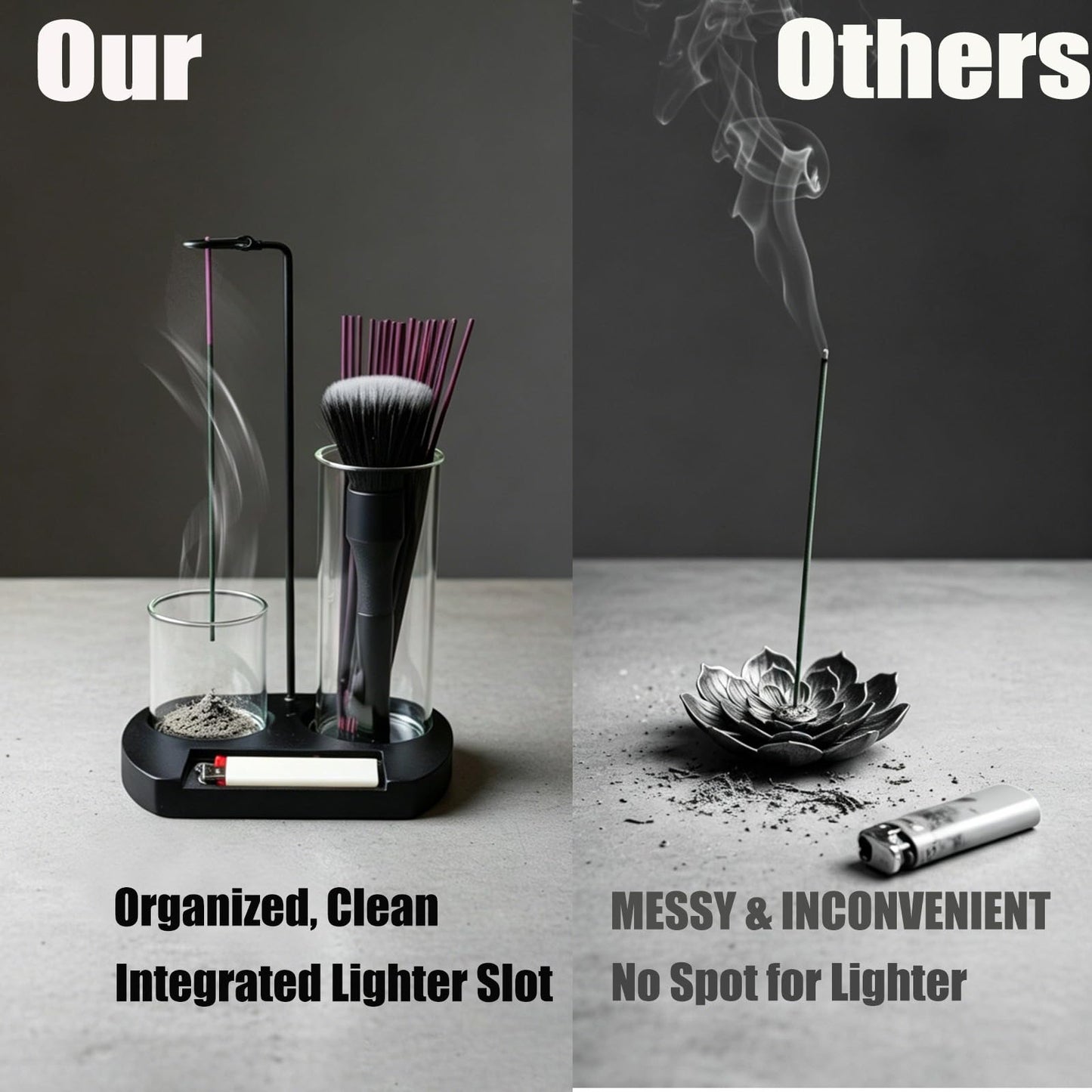 Incense Holder for Sticks 3 in 1 Glass Incense Burner with Lighter Holder and Ash Catcher Upside Down Anti-Ash Stick Holder with Storage Modern Zen Decor for Yoga Meditation Brush [Black]