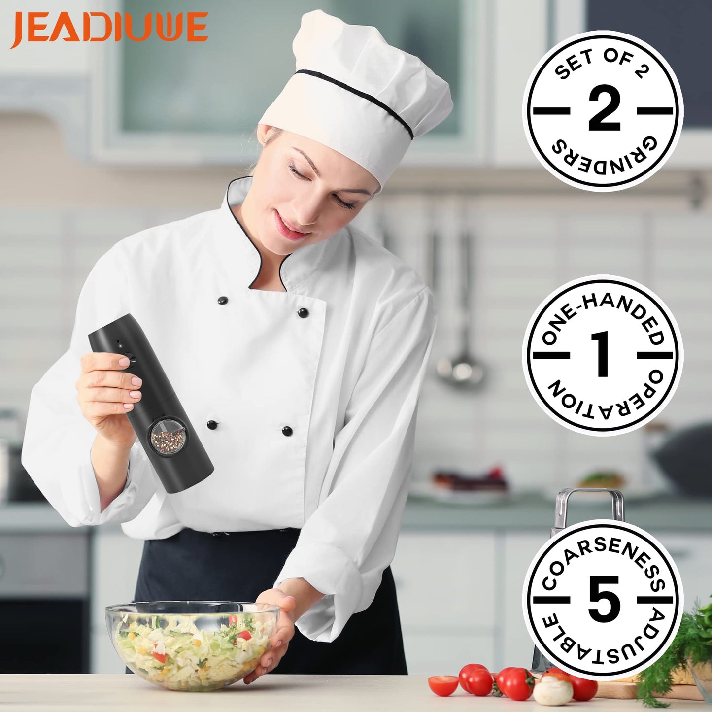 Electric Salt and Pepper Grinder Set of 2, Automatic Pepper Mill,USB Rechargeable, Adjustable Coarseness, One-handed Operation, Ceramic Burr,Refillable, Auto Grinders with Charging Base LED Light