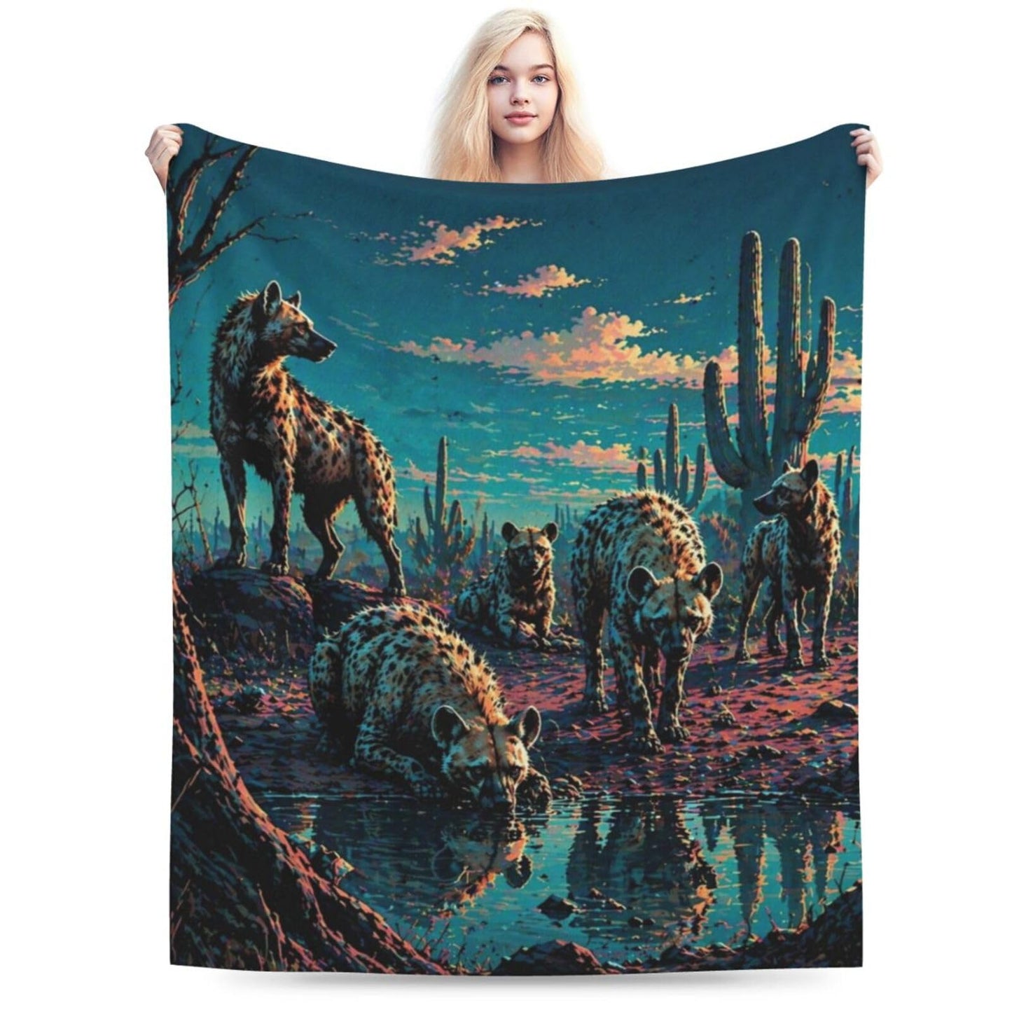 Qycazzw Hyena Blanket Gifts for Women Kids, Wild Animal Cactus Flannel Blankets, Warm Cozy Soft Throw for Bedroom, Camping, Couch, Decor 50x60 in